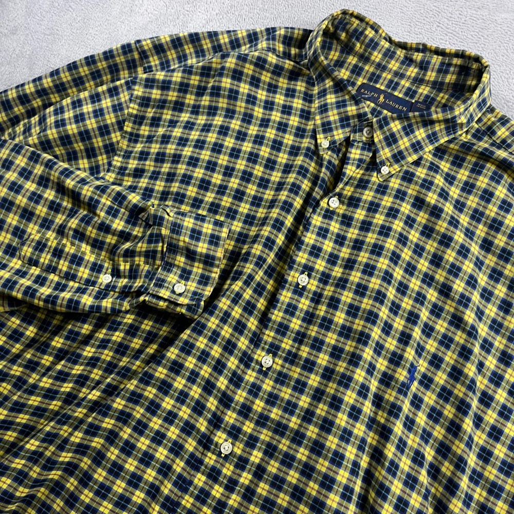 Ralph Lauren Mens 3XLT Plaid Button Down Shirt Yellow Navy Blue Pony Logo 3XL